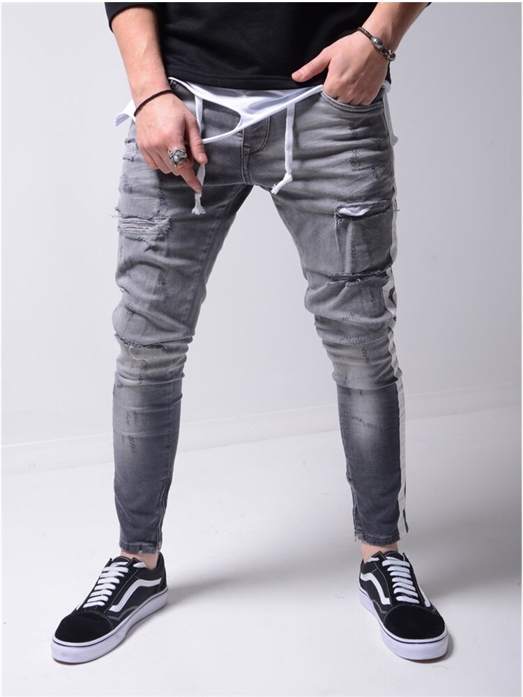 Män stretchiga trasiga hål skinny jeans sidrand dragkedja penna byxor jeans fritidsbyxor hip hop sweat byxor: Mörkgrå / Xxl