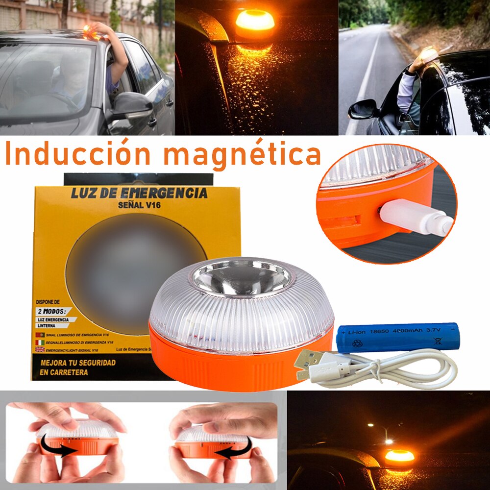 Luz de emergencia para coche, linterna LED recargable V16, luz estroboscópica de inducción magnética, lámpara de advertencia de tráfico para accidentes de carretera