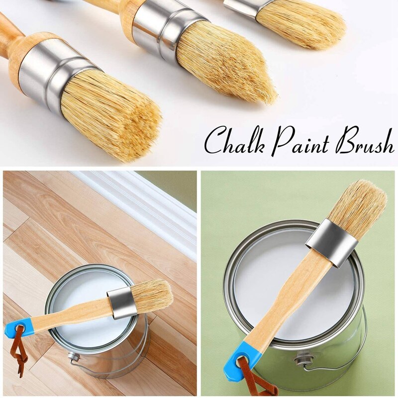 5Pcs Chalk Paint & Wax Brush Natural Bristle Brush Set - Round Brush, 3 Piece Brush Set & 4Inch Flat Brush