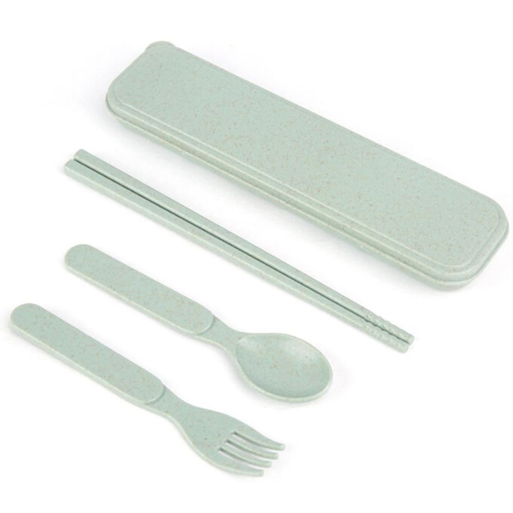 3 Stks/set Vork Lepel Servies Sets Reizen Bestek Draagbare Bestek Case Japan Stijl Student Tarwe Stro Keuken Servies: green