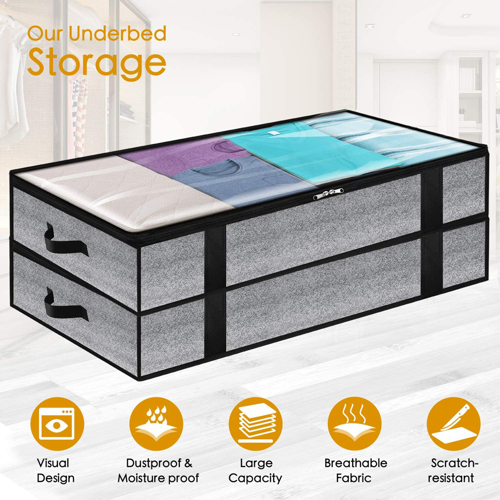 Underbed Storage Bags, 2 pcs Foldable Large Clothes Storage Bags with Zips, Thick Breathable Underbed Clothes Storage Bags