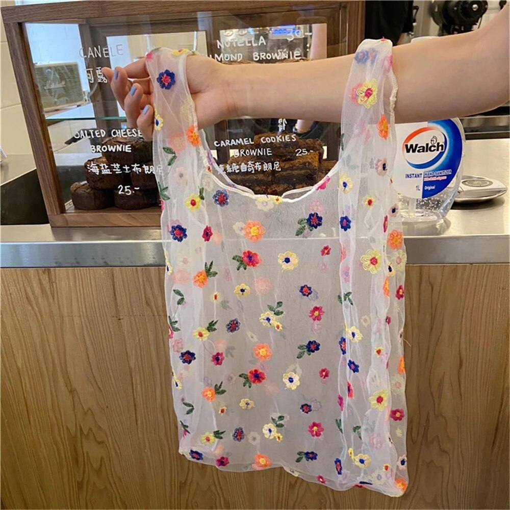 Vrouwen Opvouwbare Recycle Herbruikbare Handtassen Mesh Borduurwerk Light Clear Organza Jelly Boodschappentas Bloemen Tote Bag: Black spot