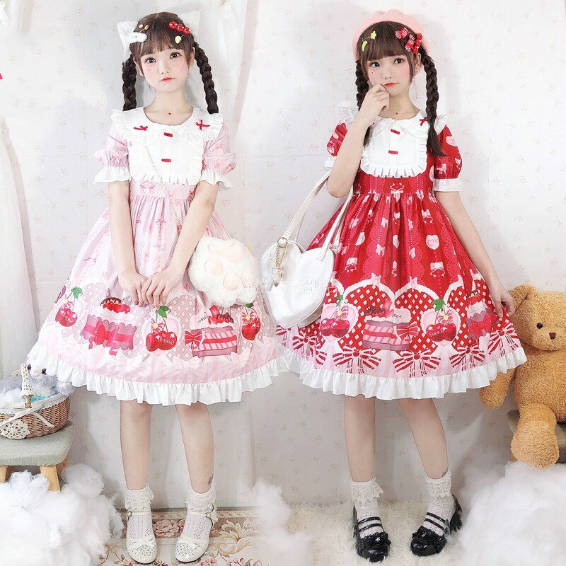 2 couleurs japonais lolita Swee fille lolita robe Kawaii fraise lolita robe été dessin animé cerise princesse robe thé fête
