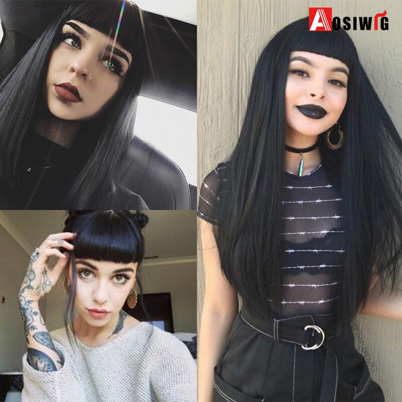 AOSIWIG Pure Blunt Above the Eyebrows Bangs Hair Extension Synthetic Wig Natural Black Light Dark Brown High Temperature Fiber