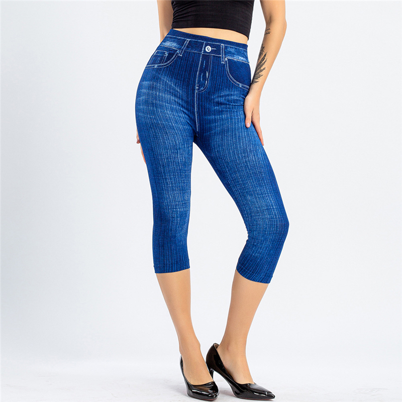 Pantalones vaqueros ajustados de cintura alta para mujer, pantalones Capri hasta la rodilla de mezclilla, de verano: S / Azul