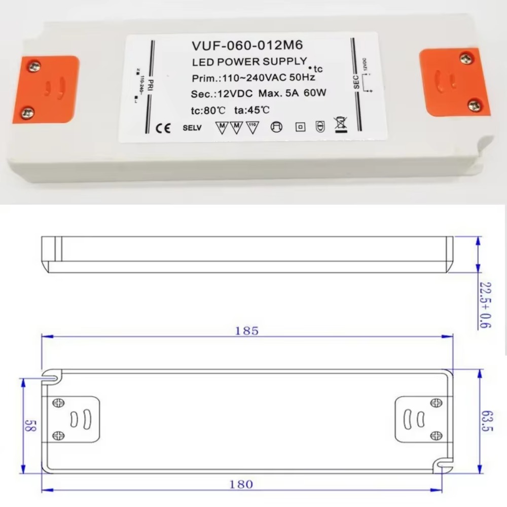 Dc12v/24v tynne led-driver ballast 6w 12w 30w 60w transformator strømforsyning  ac110-220v adapter for skaplamper lyslist