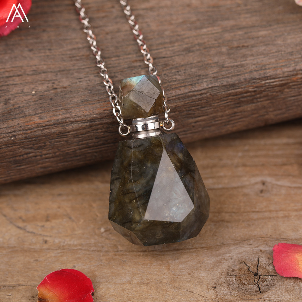 Arco-íris labradorite garrafa de óleo essencial perfume garrafa pingente colar moda feminina coração gem pedra jóias presente dropship: Zincado azul