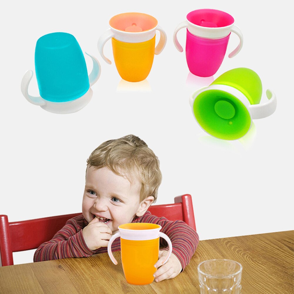 Botella mágica de alimentación de agua para niños a prueba de fugas de 360 grados, botella giratoria de aprendizaje para bebé, copa de plástico para beber con tapa abatible de doble manija