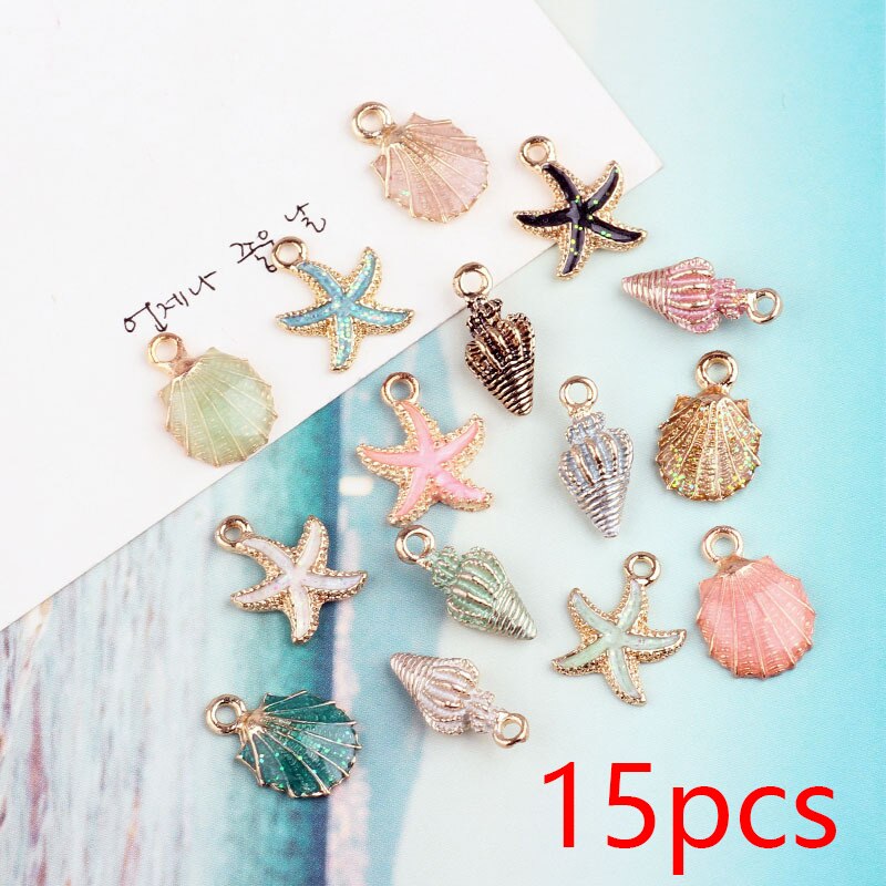 15pcs Cute Starfish Conch Sea Shell Charms Pendants Ocean Style Anklet Bracelet Necklace Jewelry DIY Craft Accessories: 15Pcs Mixed Color