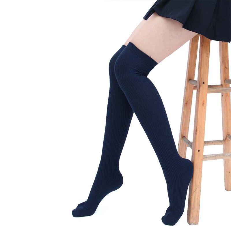 1Pair Women Girls Over Knee High Thigh Stockings Elastic Striped Knitted Long Comforable Spring Autumn Winter Warm Hosiery: Navy blue