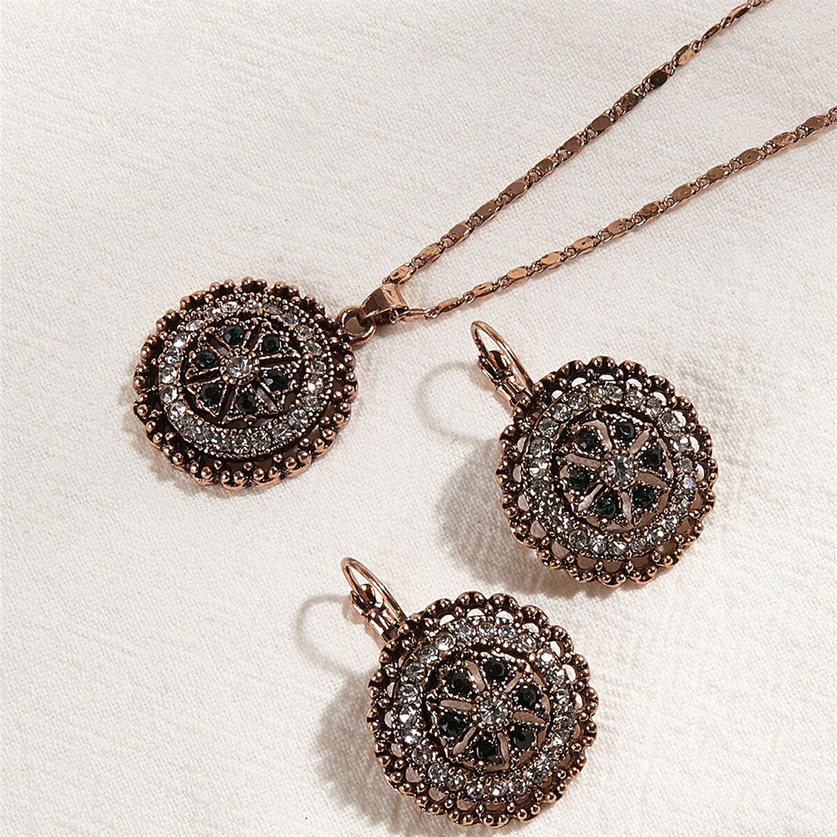 necklace stainless steel jewelry Trendy Vintage Oorbellen Ketting Set, Ronde Patroon Gegraveerde Diamond Earring Ketting, Banket Pendientes Collares