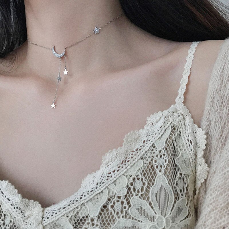 925 prata esterlina estrela lua pingente colar gargantilha jóias para presente de festa feminino S-N453
