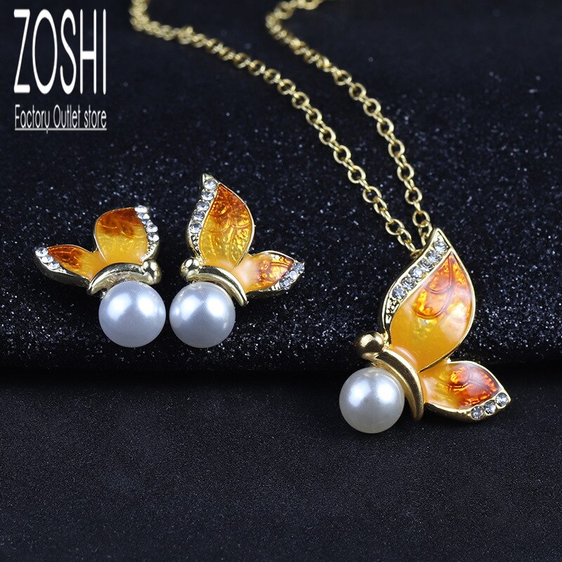 Bohemian Vlinder Kettingen Voor Vrouwen Gouden Ketting Gesimuleerde Pearl Stud Oorbellen Enamel Ketting Sets Winter Sieraden Set: orangeH72661