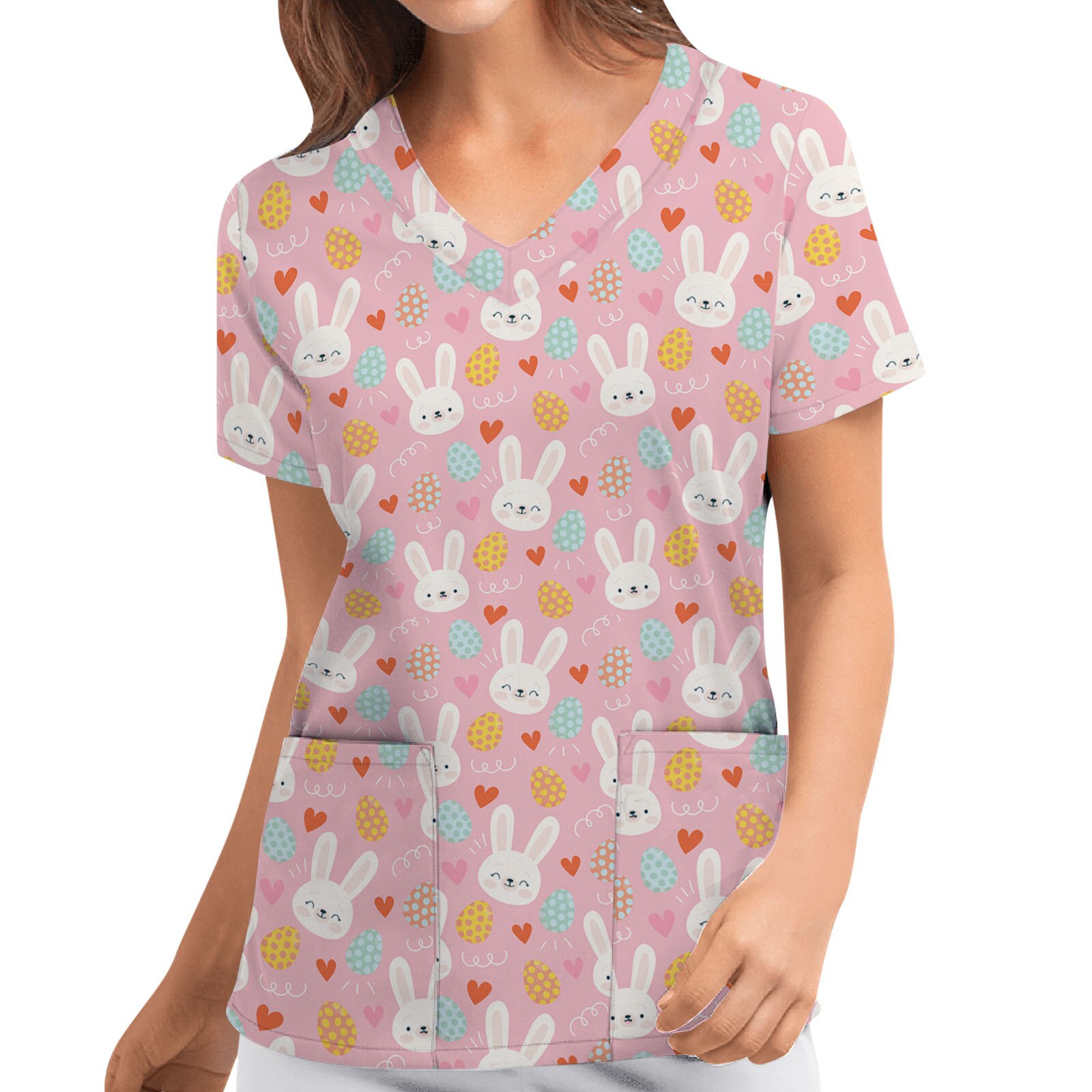 Women Blouse Short Sleeve V-neck Cartoon Pattern Tops Cotton Nursing Working Uniform With Pocket Shirts Femme Tops: M