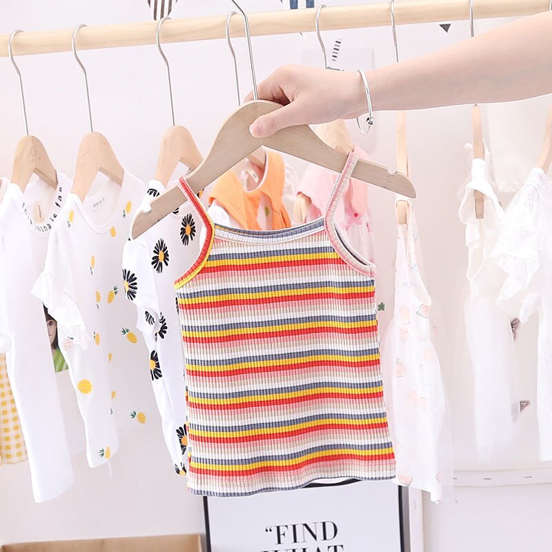 Cotton Girls Vest Color Stripe Kids Camisole Cartoon Flowers Children Tops Summer Baby Singlet Girls Undershirts Teenager Tank