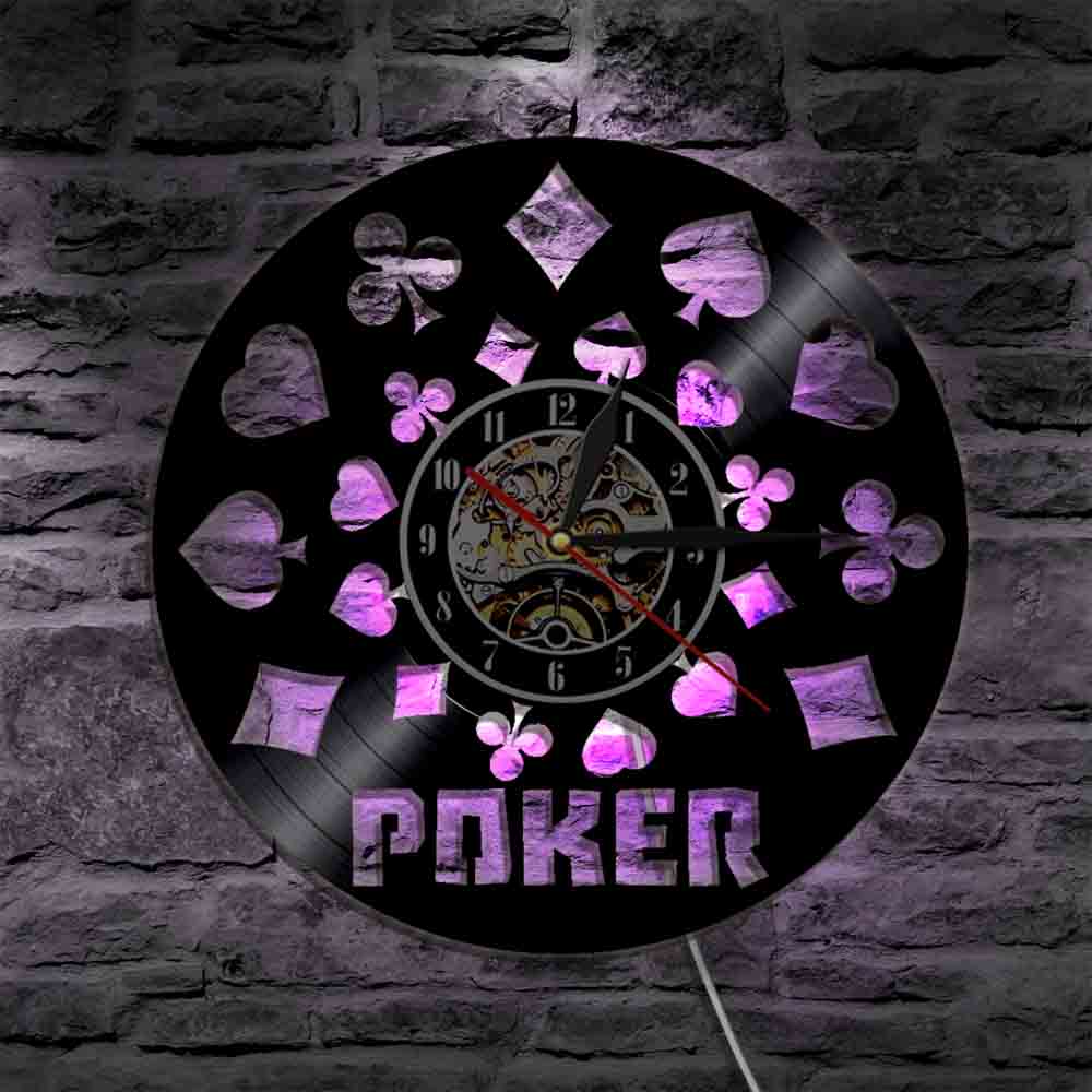 Poker King Rummy Card LED Light Illuminated Vinyl Record LP Wall Clock Play Cards Holdem Omaha Wall Watch For Poker Lover