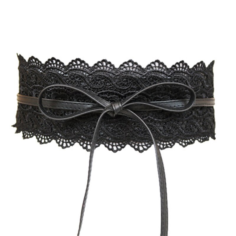 Waist Band Wide Corset Lace Belt Female Self Tie Obi Cinch Waistband Belts Lace side Butterfly tie Belt Buckle Waist Band: black