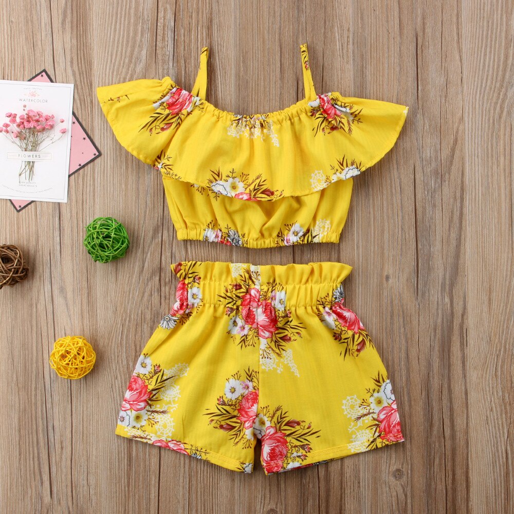 Kid Girls Summer Clothing Set Off Shoulder Floral Top + High Wait shorts 2Pcs Clothing Set