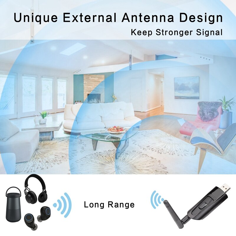 Mini usb bluetooth sender med aptx low latency, trådløs o adapter med 3.5mm aux jack for tv pc, plug & play, dual lin