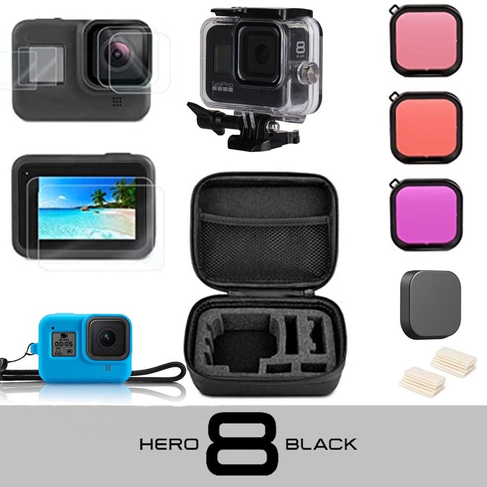For Gopro hero 8 kit EVA case Tempered Glass waterproof Housing case red filter Frame silicone Protector Go pro Accessories Set: set 2