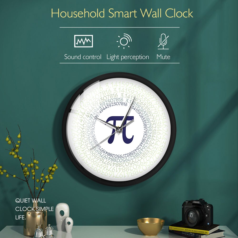 Mathematica Pi π Greek Letter Metal Frame LED Luminous Wall Clock Sound Activated Circular Constant Ratio Modern Horologe