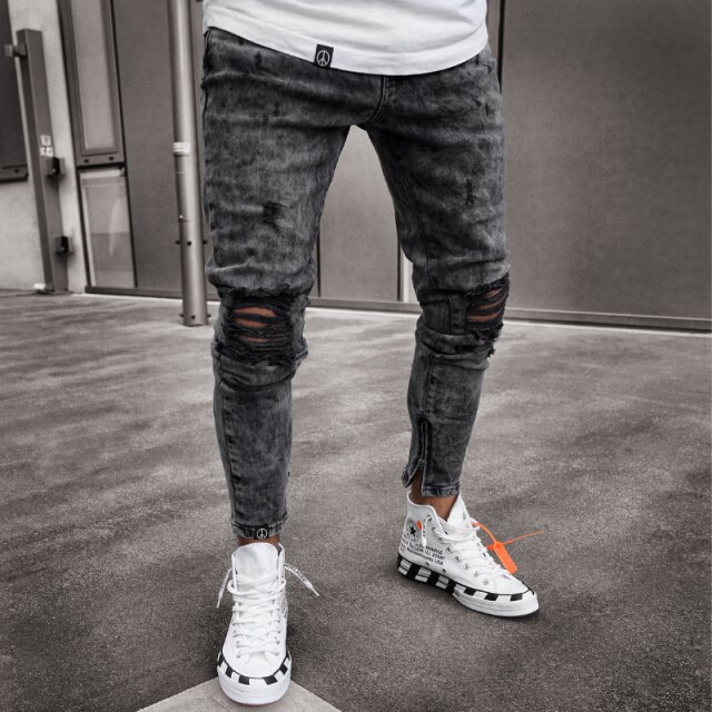 Jean déchiré noir pour homme, pantalon crayon, moulant, de rue, Hip-Hop, Cowboy, trou, vêtement en Denim extensible de: S