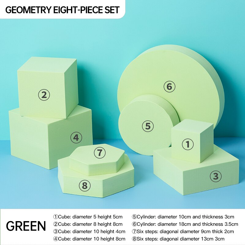 Accessoires de Photo en forme de Cube géométrique, en mousse, ornements de pose pour cosmétiques, arrière-plan nature morte, 8 pièces: 8pcs Green