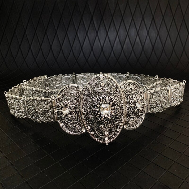 Tradycyjne kaukaskie ślubne paski platerowane srebrem świecący kryształowy pasek robić sukni ślubnej łańcuszki metalowe panna młoda pasy: ciemny srebro