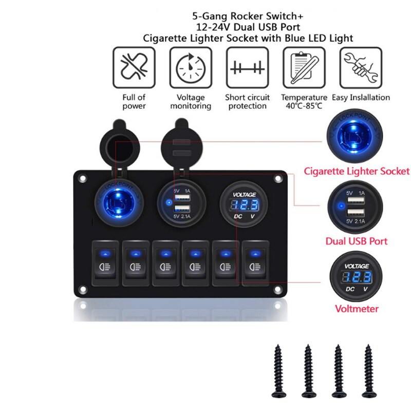 Waterproof Boat Switch Panel Car Switch Panel Digital Voltmeter Dual USB Port 12V Outlet 6 Gang Combination Panel