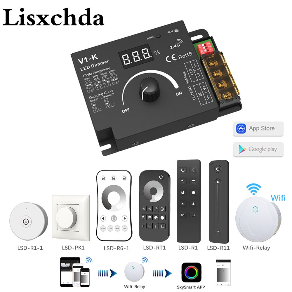 Rotary LED Dimmer DC 12V 24V PWM Wireless Frequency Adjustable 20A Single Color LED Strip Controller Knob 12 Volt Dimmer Switch