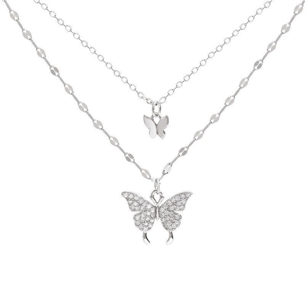 Shiny Butterfly Necklace Ladies Exquisite Double Layer Clavicle Chain Necklace Jewelry for Ladies