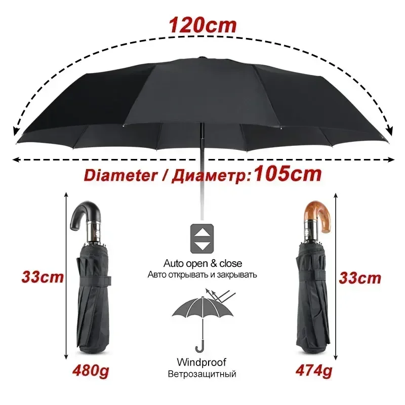 British Leather Handle Umbrella Men Automatic Business 10Ribs Strong Windproof 3 Folding Big Umbrella Rain Woman Parasol