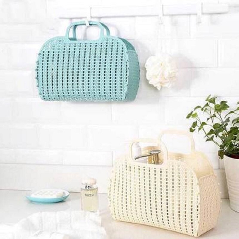 Plastic Bath Baskets Foldable Hollow Wicker Rattan Cosmetic Storage Bucket Bathroom Livingroom Hanging Finishing Drain Organizer
