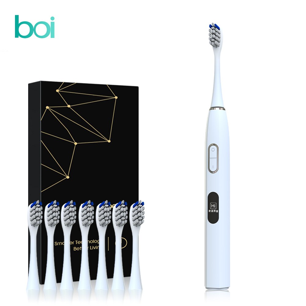 Boi – écran LCD blanc étanche IPX8, charge sans fil, 6 modes avec 8 têtes de brosse de rechange, brosse à dents électrique sonique pour adulte