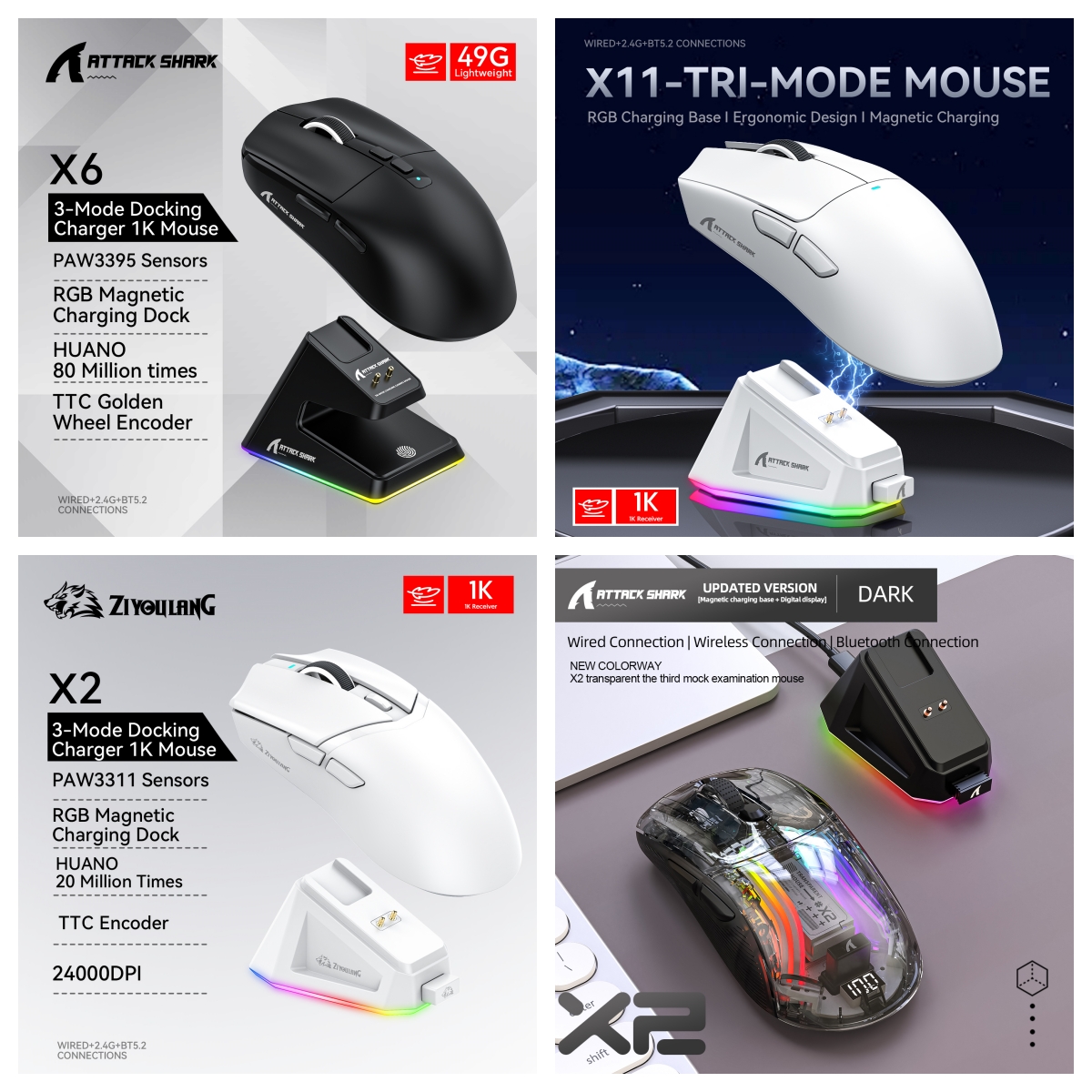 Ratón para juegos Attack Shark X11/X6/X2/X2Pro, RGB magnético PAW3395, conexión triple modo Bluetooth, ratón inalámbrico para jugadores, DPI ajustable