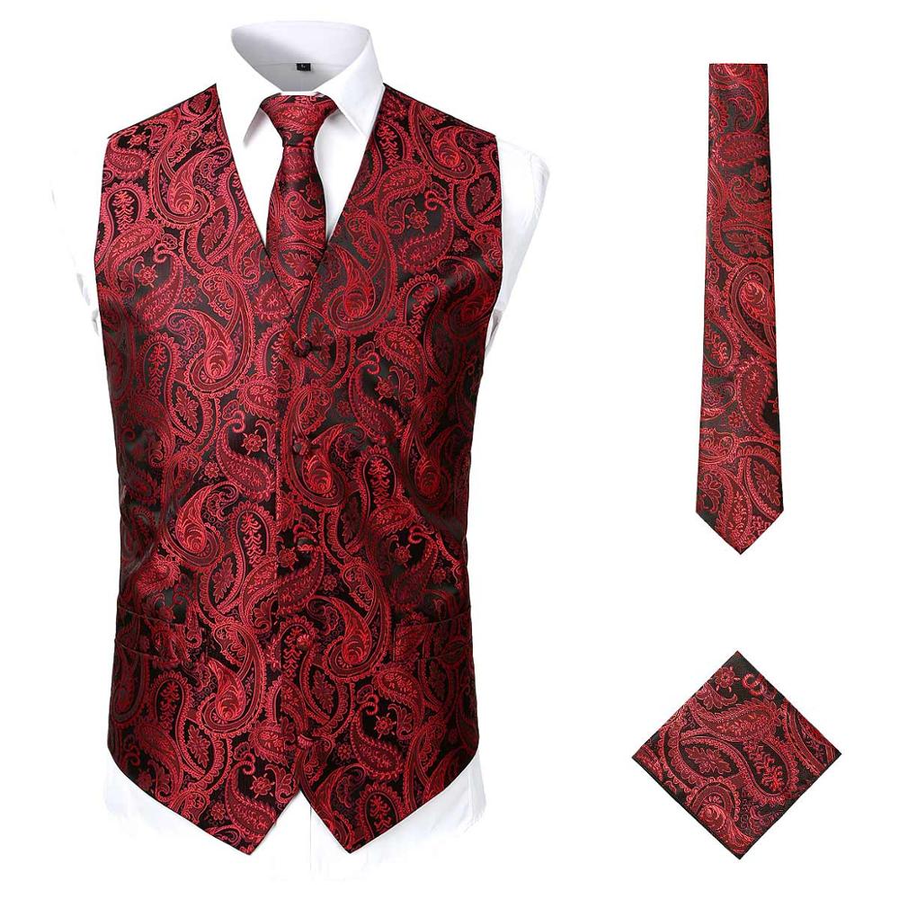 Bruiloft Mannen Vest Set (Vest + Stropdas + Pocket) 3 Pcs Mannen Gilet Paisley Bloemen Vest Mannen Party Casual Slim Fit Heren Pak Vesten Usa: red-paisley / USA XXL