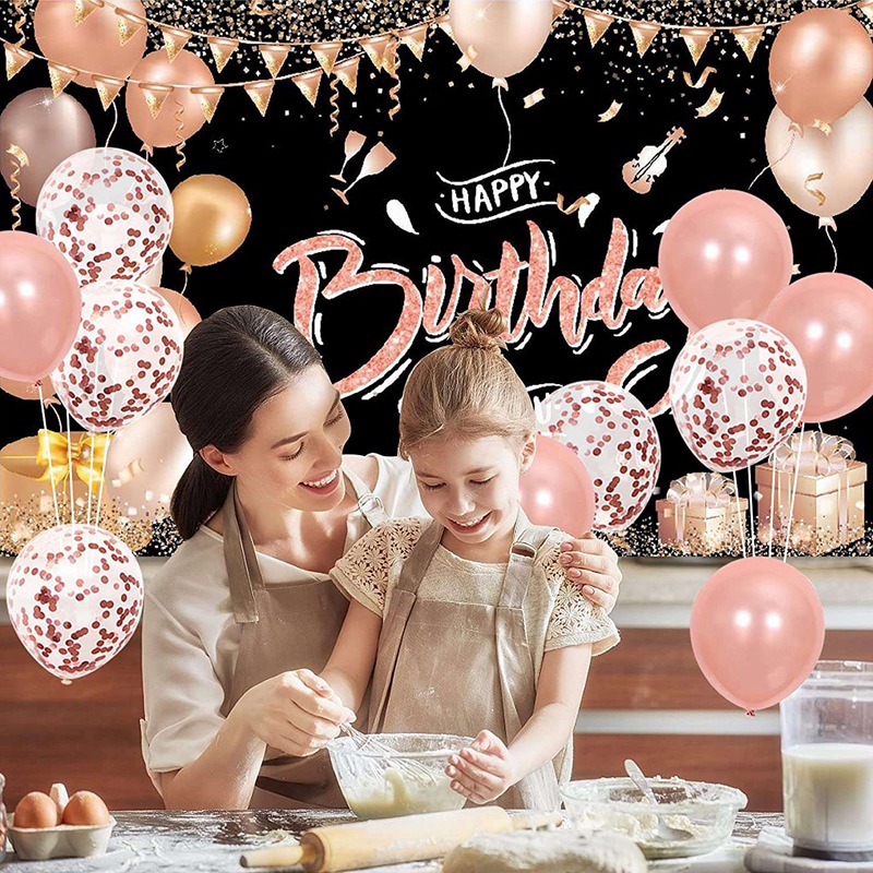 Birthday Banner for Girls Women, Party Birthday Decoration Set for Anniversary Decoration with Ribbon, Rose Gold