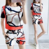 Runway Zomer Kleding Set Vrouwen Vintage Ketting Gedrukt Blouses Korte Mouwen Tops En Retro Patroon Shorts Broek Pak NS846: XXL