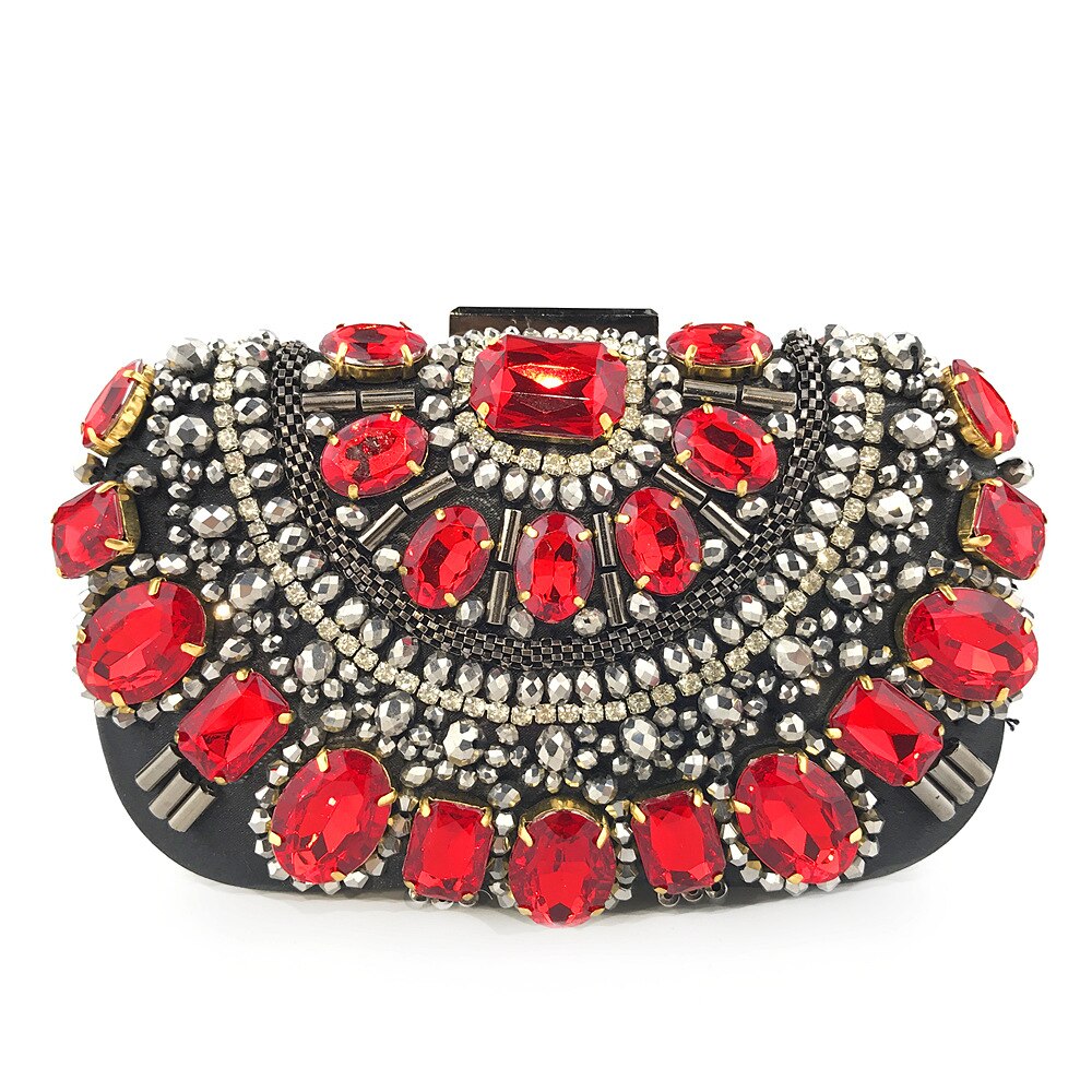 Famous Brand Women Handbags Black Crystal Evening Purse for Female Metal Clutches Beaded Bridal Wedding Box Flaps Bolsos Mujer: Red