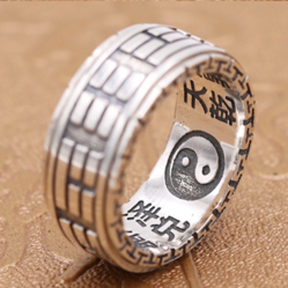 925 Puur Zilver Intime Taoïstische Yin Yang Vis Taiji Bagua Ring Rotatie Breed Retro Dominante Mannelijke