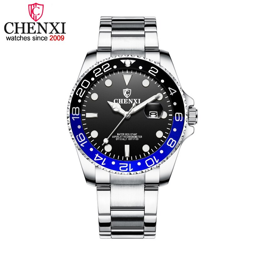 Chenxi herreure mænds forretningskvartsur vandtæt ur mandlige ure i rustfrit stål relogio masculino: Sølv sort blå