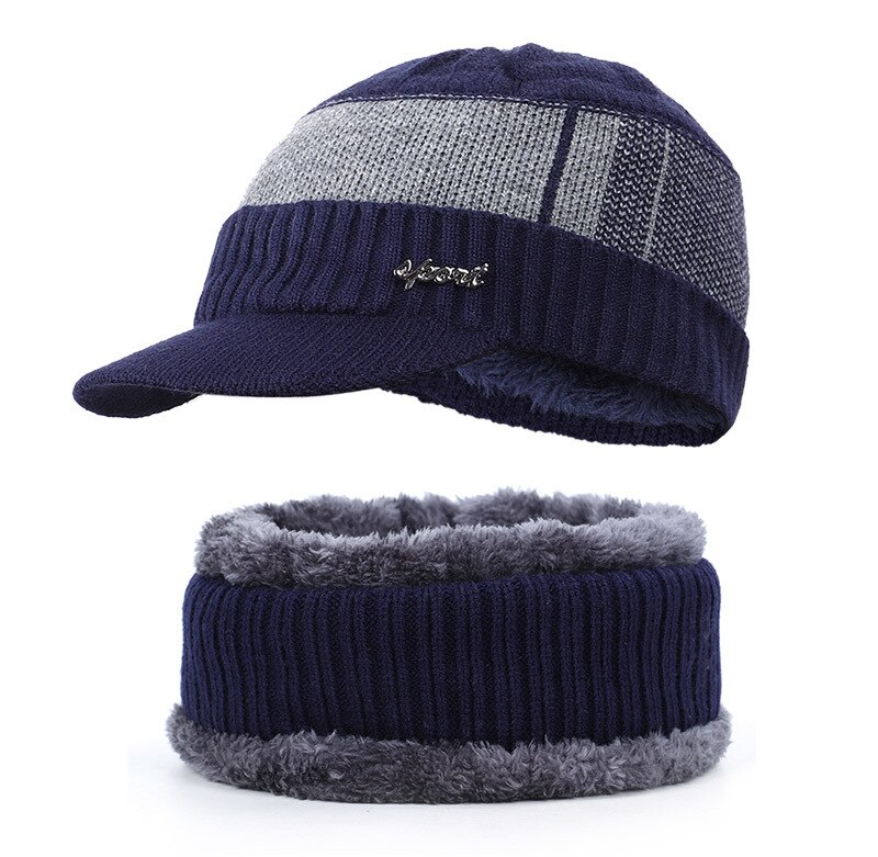 Mænd unisex sport vinter varm hat strikket visir beanie fleece foret næbshue med brim cap: Mørkeblå