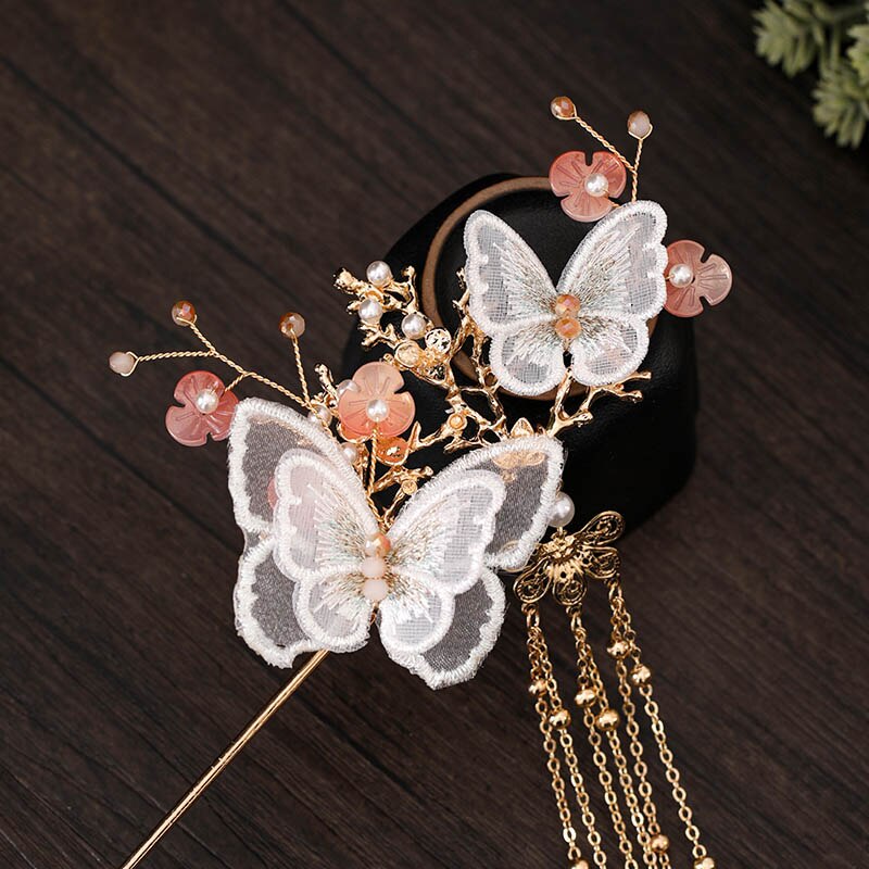 Chinese Hanfu Dress Hairpins Clips Hair Combs Ear Clips Jewelry Set Butterfly Flower Step Shake Long Tassel Headpieces