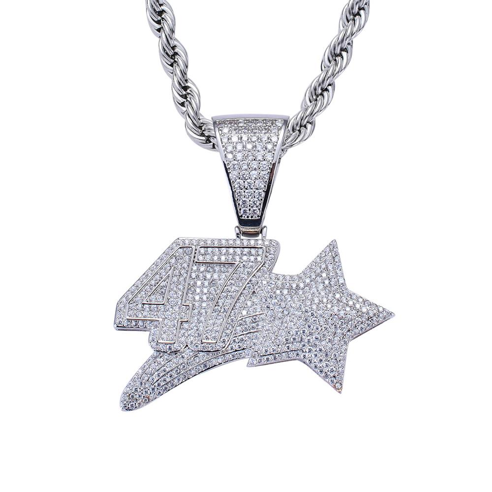 Iced Out Glück Zahlen 47 Stern Anhänger Halskette Mit Kette 2 Farben AAA Zirkon Herren Halskette Hip Hop Schmuck: Nachgemachter Rhodium überzogen / Rope Chain / 24 inch