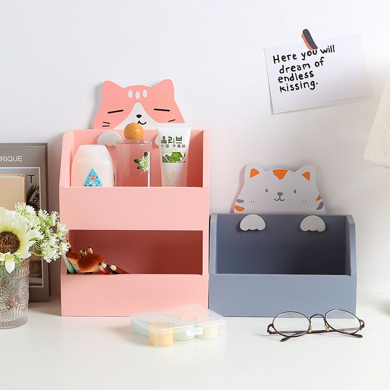 MINKYS Cute Cat Large Capacity Wood Desktop Organizer Pen Holder Desk Storage Box School Office Stationery