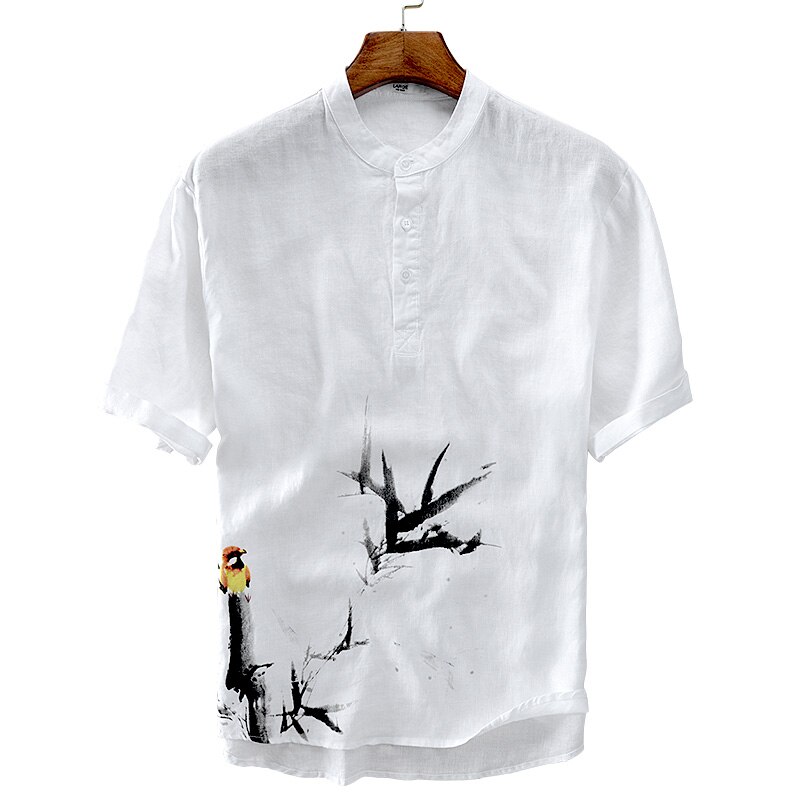 Camisa de lino puro para hombre, Camisa de manga corta con cuello levantado, estampado de pintura de tinta china, de lino blanco