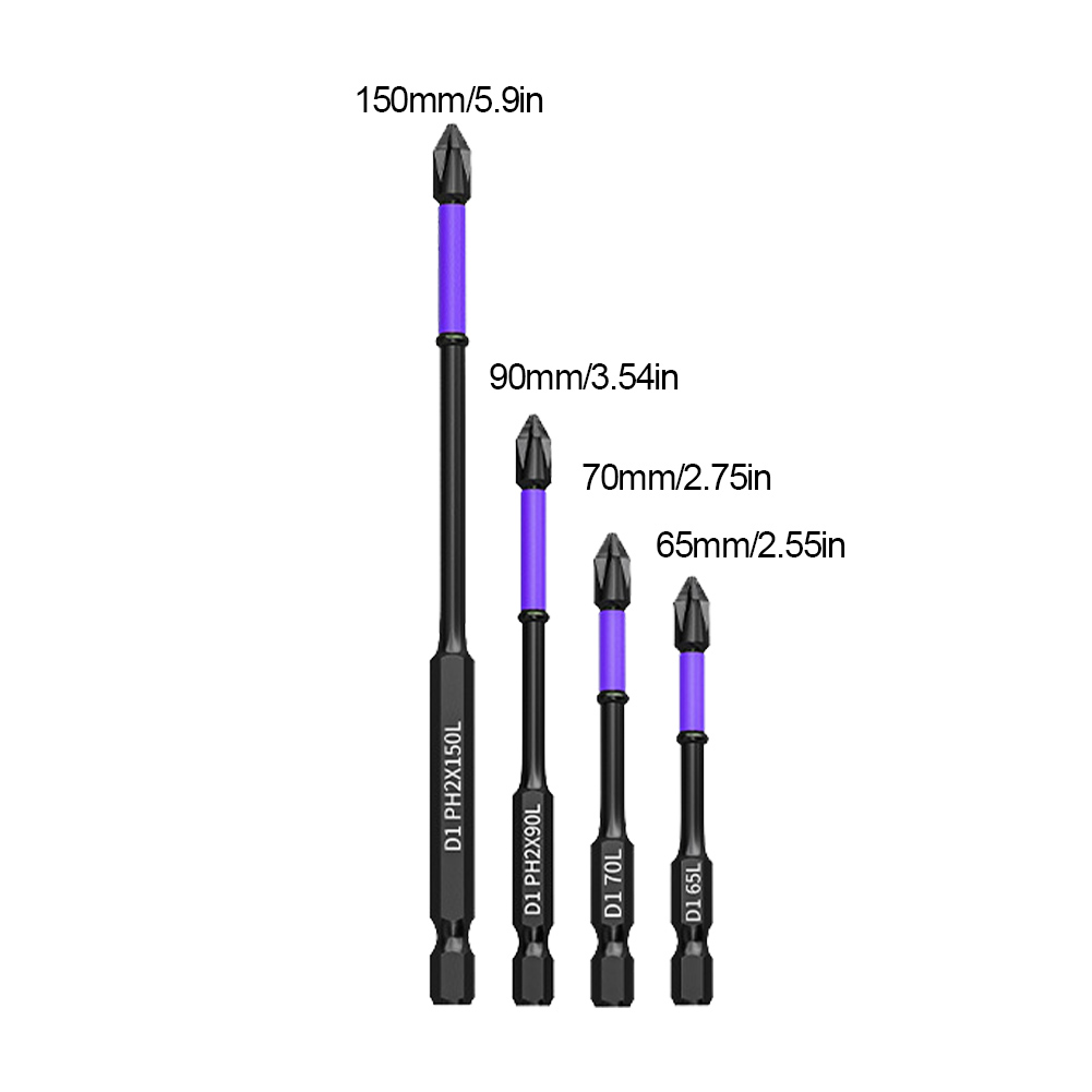 D1 Anti-Slip and Shock-Proof Screwdriver Bit Set High Hardness Strong Magnetic Impact Cross Drill Bit Set 25/50/65/70/90/150mm P: WHITE