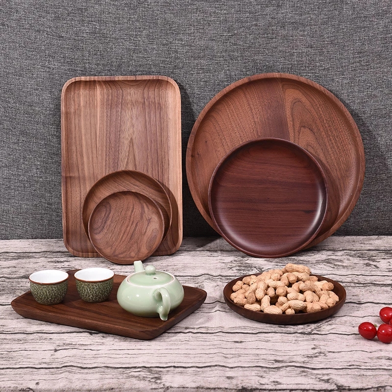 Assiettes rondes en noyer noir, vaisselle en bois, pour dîner, Dessert, thé, stockage des aliments