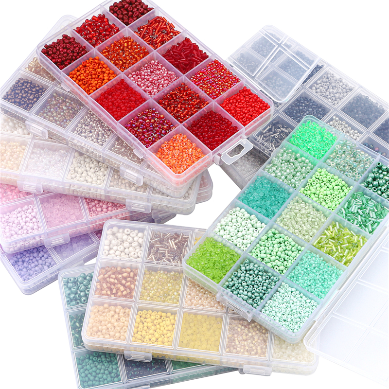 Juego de cuentas de vidrio de 15 colores para hacer pulseras, cuentas espaciadoras sueltas con caja de almacenamiento, Kit de cuentas de tubo para manualidades, dijes de collares