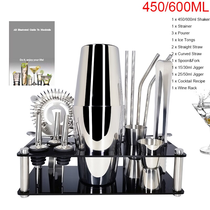 1-14 Teile/satz Edelstahl Boston Schnee Cocktail Shaker Rührgerät Trinken Barmann Werkzeug einstellen mit Gestell Rahmen Bar Cocktail Rezept: ZH 15P 450600MLRACK